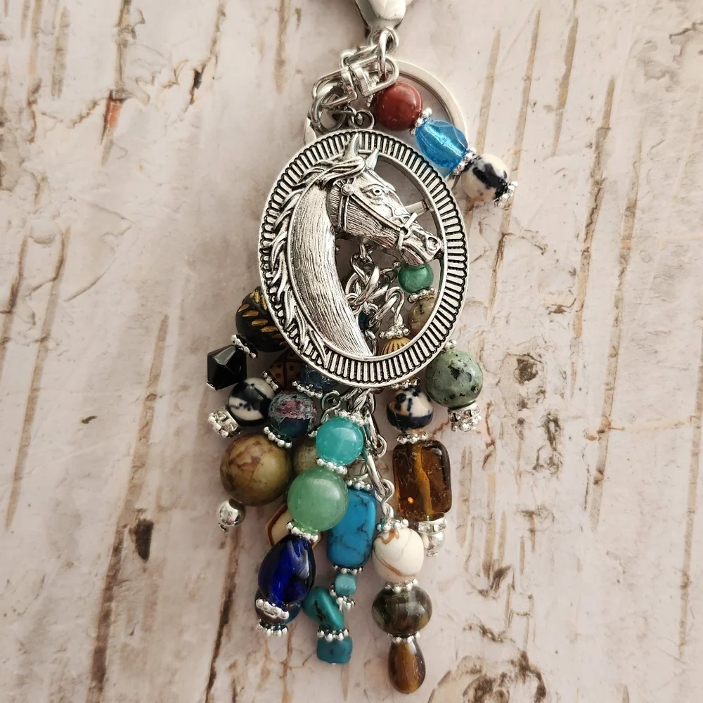 Horse Cameo Purse Charm or Keychain Howlite Aventurine Jasper Handcrafted